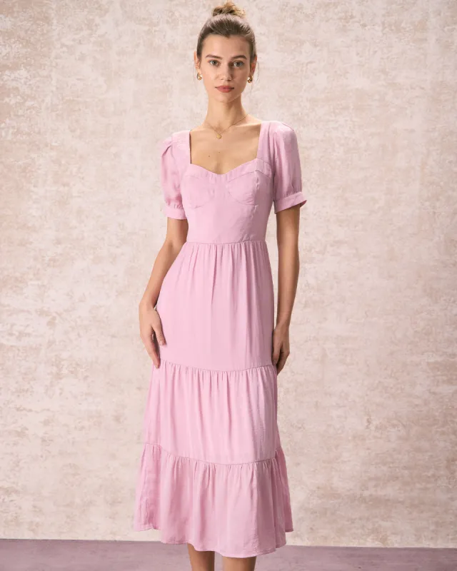 The Pink Sweetheart Neck Ruched Midi Dress sold by rihoas