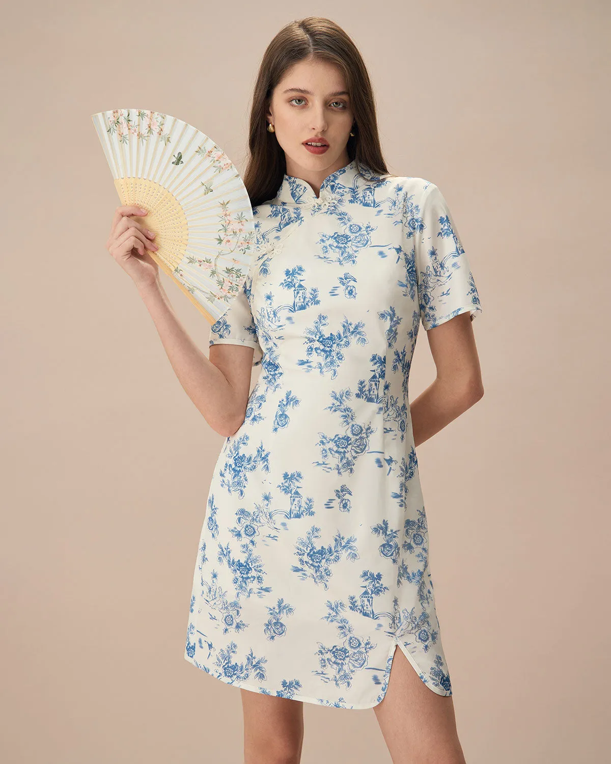 The Blue Mandarin Collar Floral Cheongsam sold by rihoas