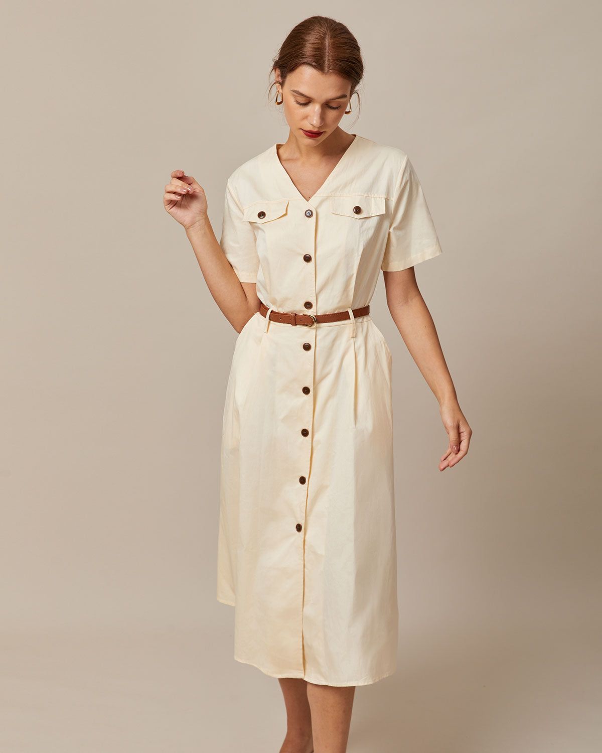 The Beige V Neck Button Shirt Midi Dress sold by rihoas