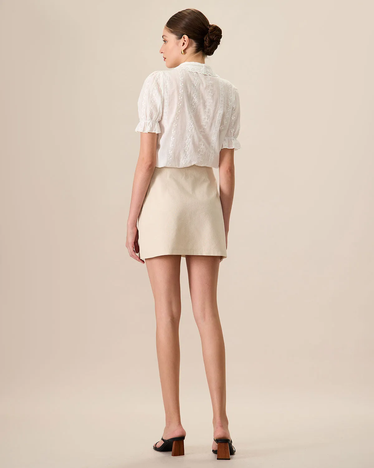 Women's Beige High-Waisted Cotton Button Mini Skirt sold by rihoas product image thumbnail 4