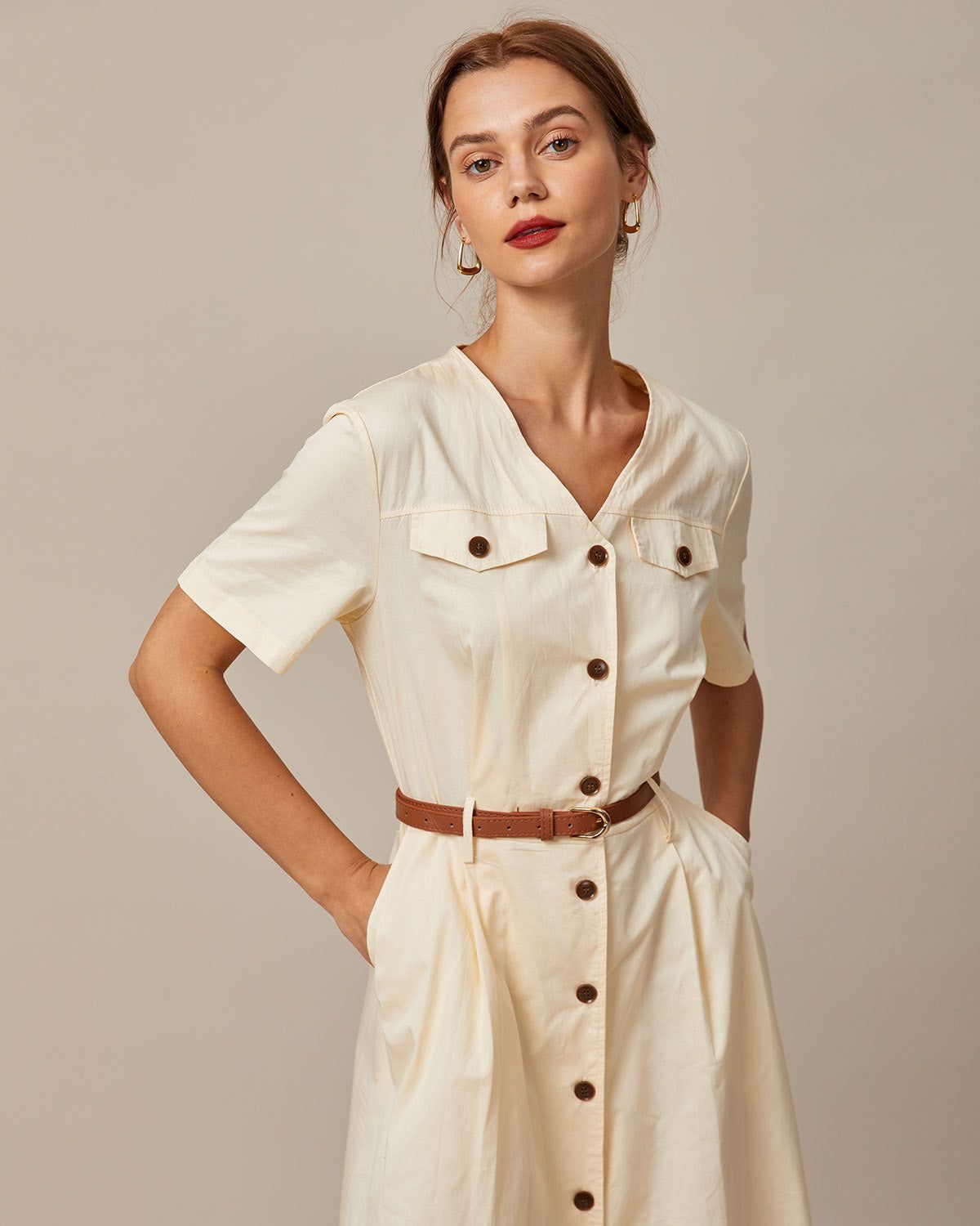 The Beige V Neck Button Shirt Midi Dress sold by rihoas product image thumbnail 4