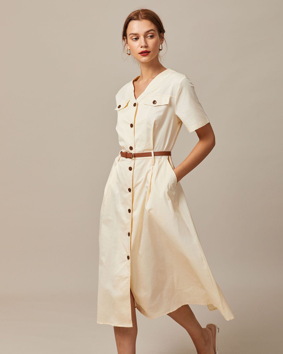 The Beige V Neck Button Shirt Midi Dress sold by rihoas product image thumbnail 3