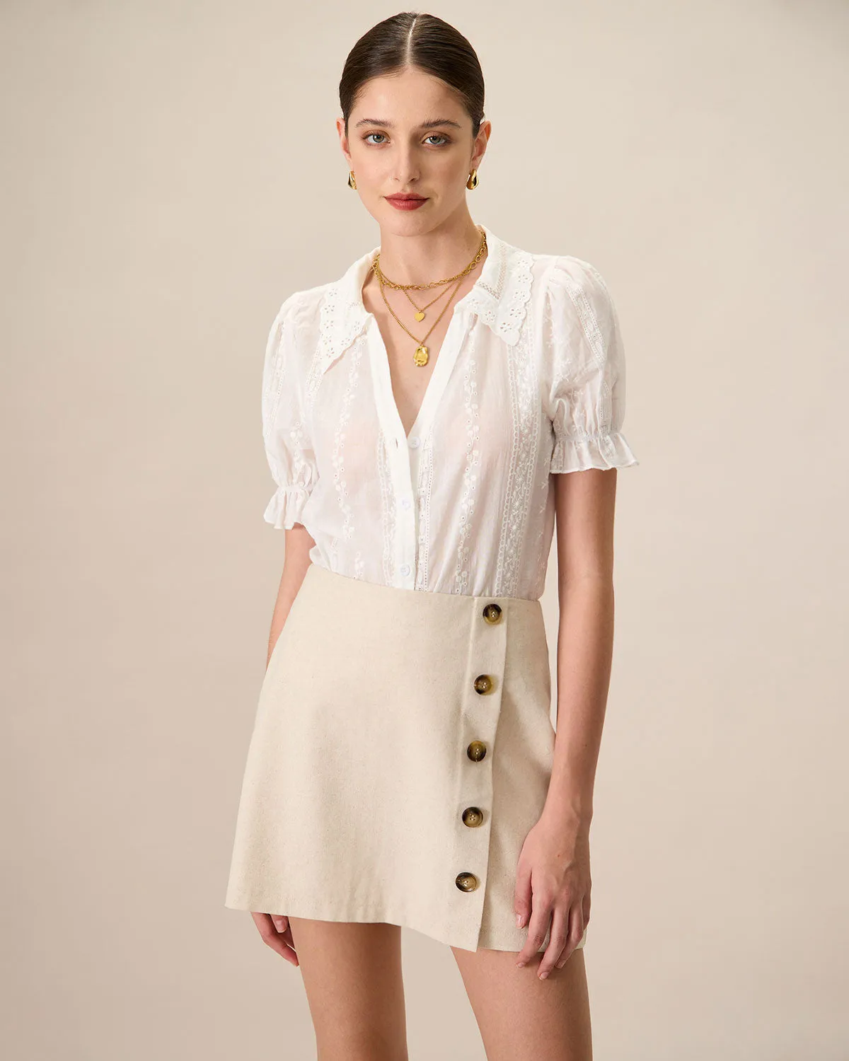 Women's Beige High-Waisted Cotton Button Mini Skirt sold by rihoas product image thumbnail 2