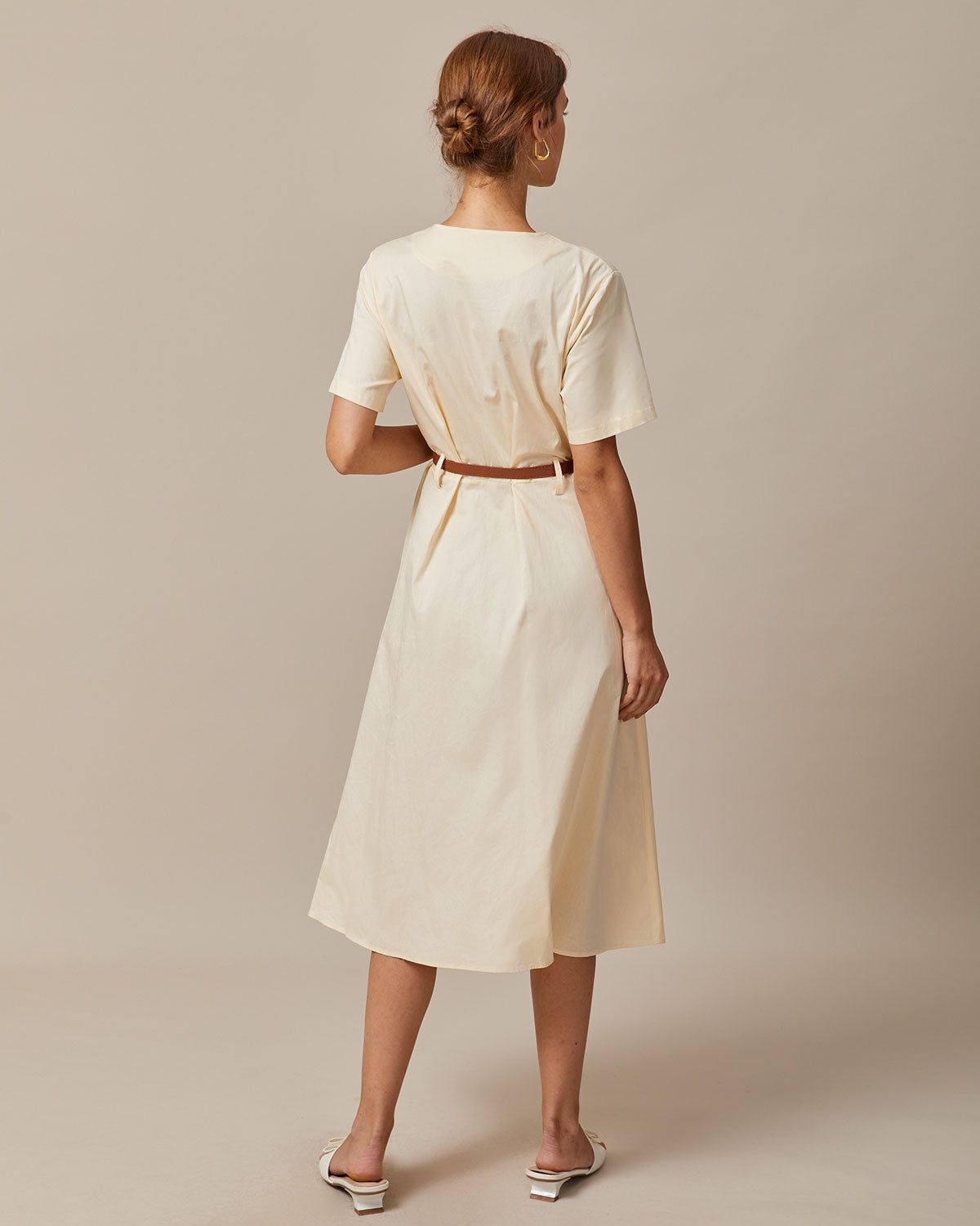 The Beige V Neck Button Shirt Midi Dress sold by rihoas product image thumbnail 5