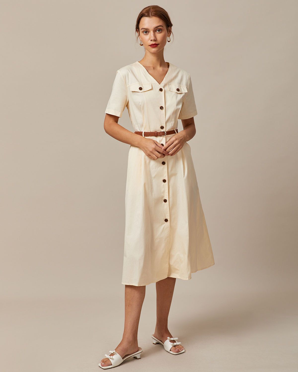 The Beige V Neck Button Shirt Midi Dress sold by rihoas product image thumbnail 2