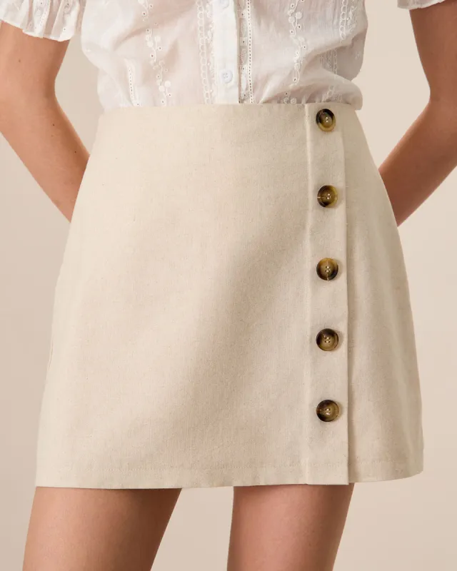 Women's Beige High-Waisted Cotton Button Mini Skirt sold by rihoas