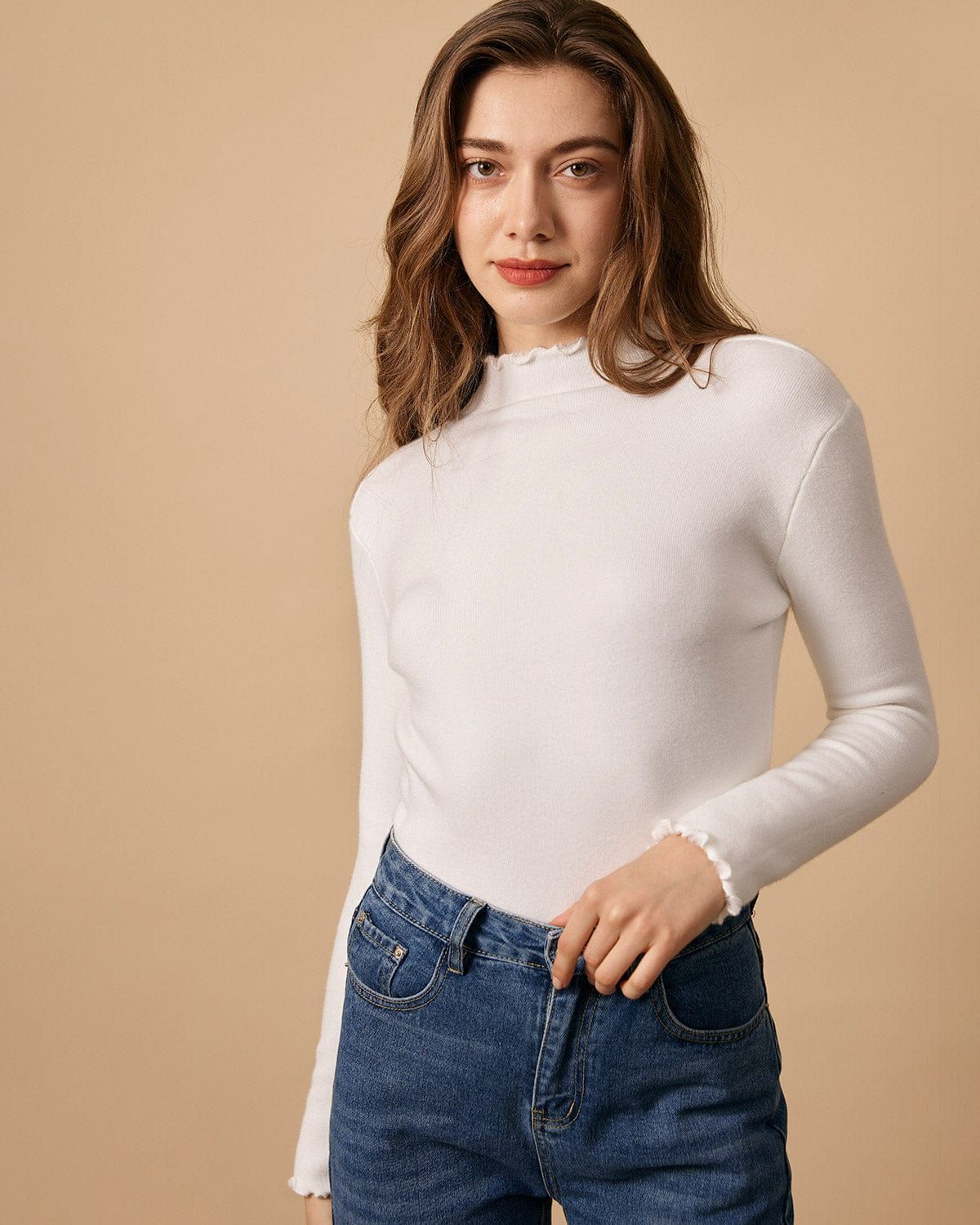 The Mock Neck Frill Trim Knit Top sold by rihoas