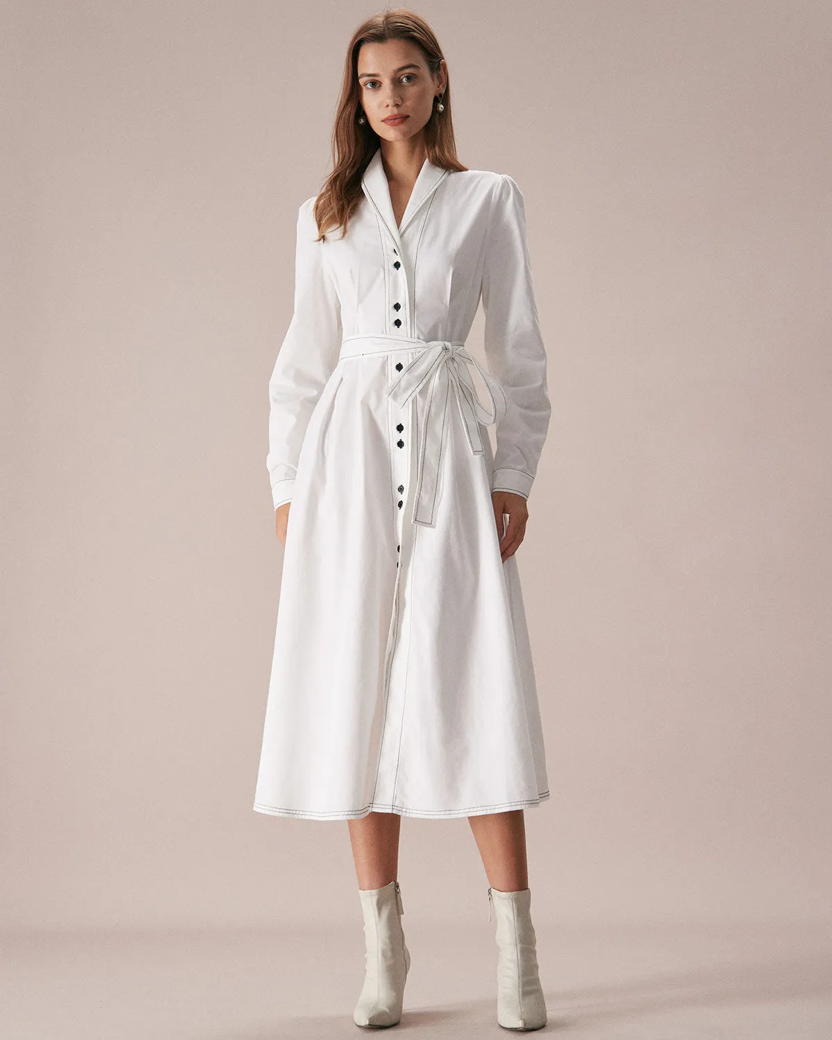 The White Lapel Contrast Stitch Midi Dress sold by rihoas product image thumbnail 3
