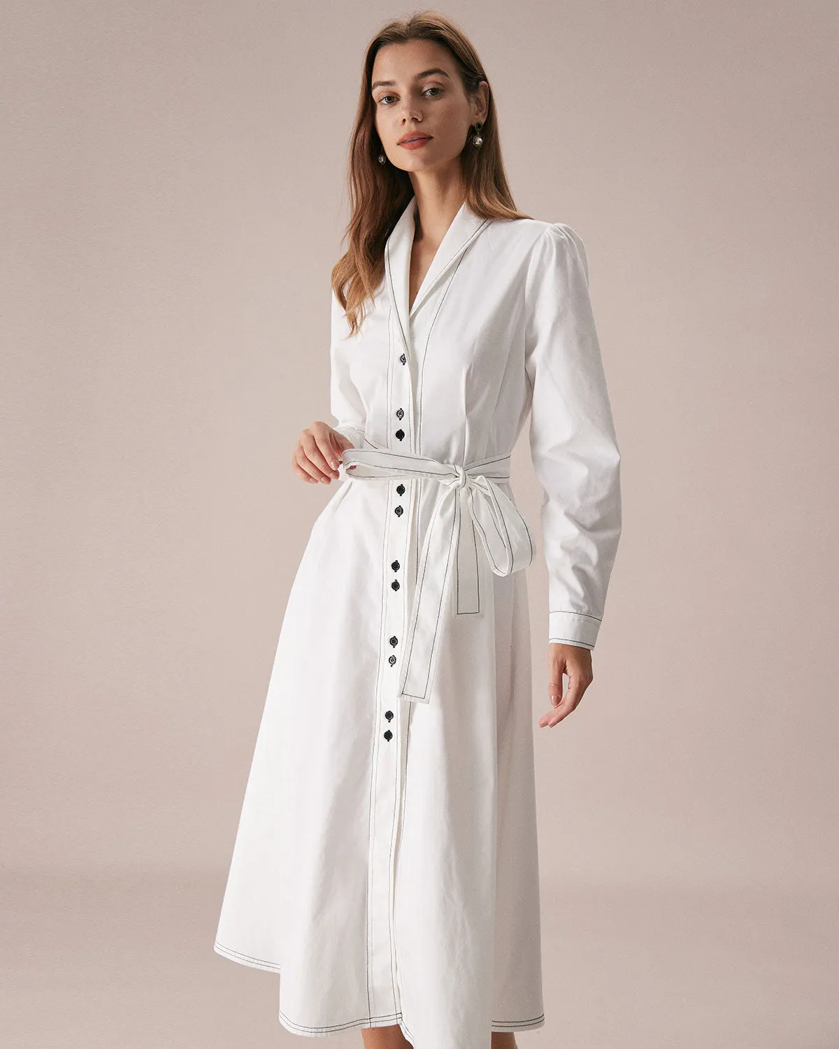 The White Lapel Contrast Stitch Midi Dress sold by rihoas