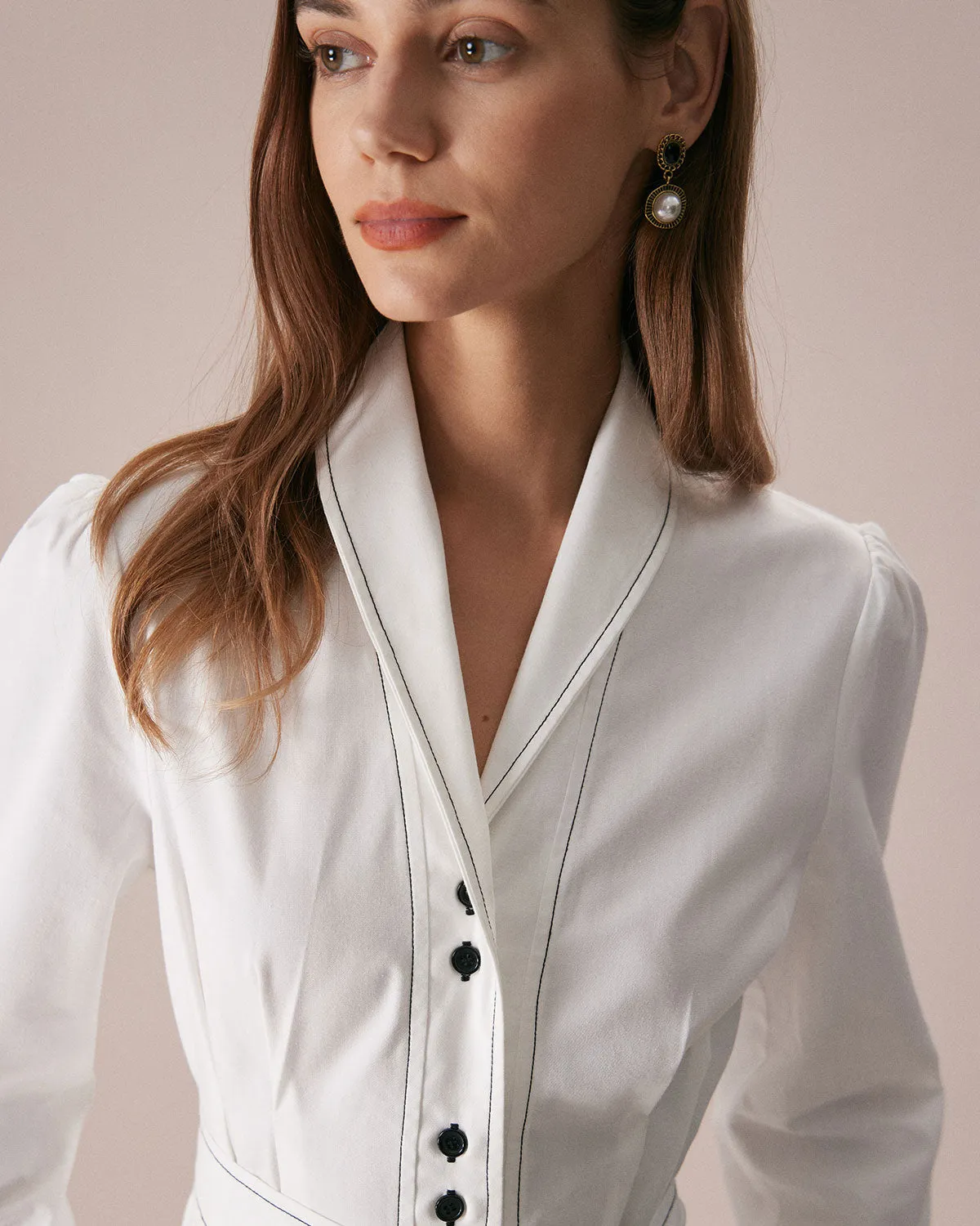 The White Lapel Contrast Stitch Midi Dress sold by rihoas product image thumbnail 2