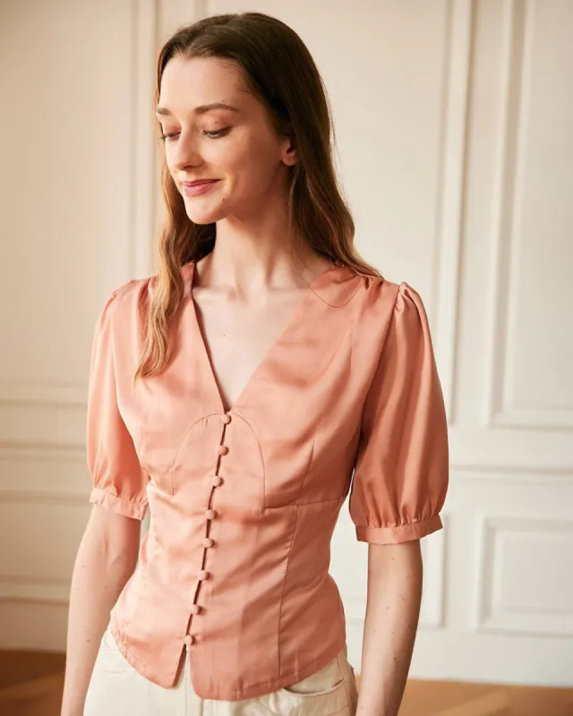 The V-Neck Short Sleeves Satin Shirt sold by rihoas