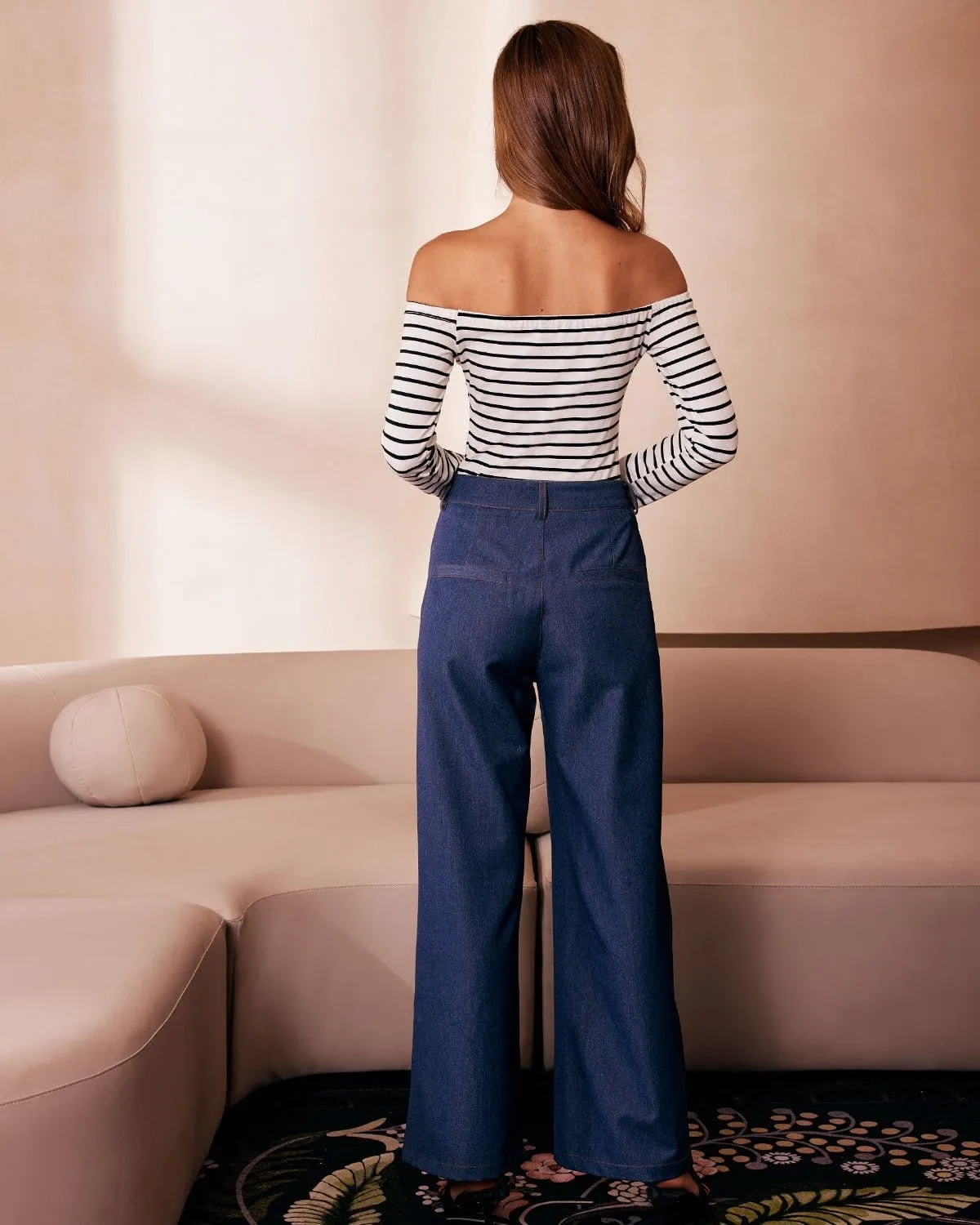 The Blue High Waisted Wide Leg Faux Jeans sold by rihoas product image thumbnail 5