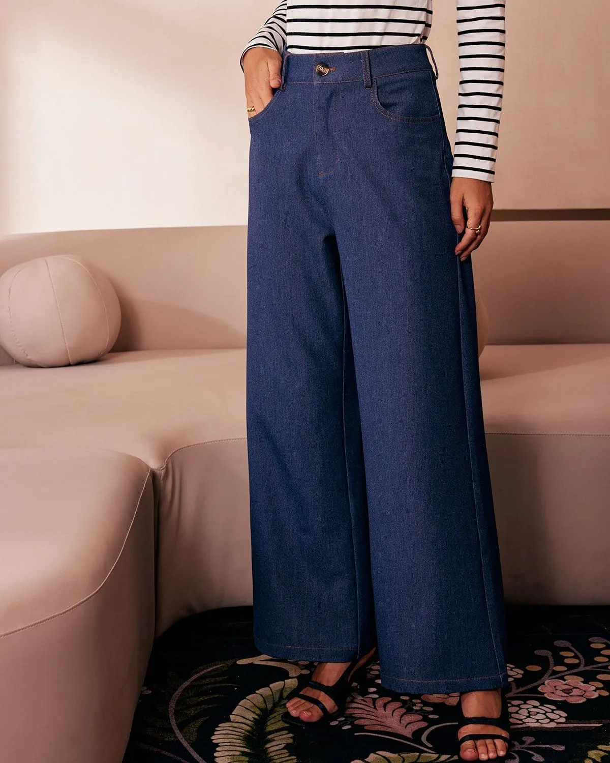 The Blue High Waisted Wide Leg Faux Jeans sold by rihoas