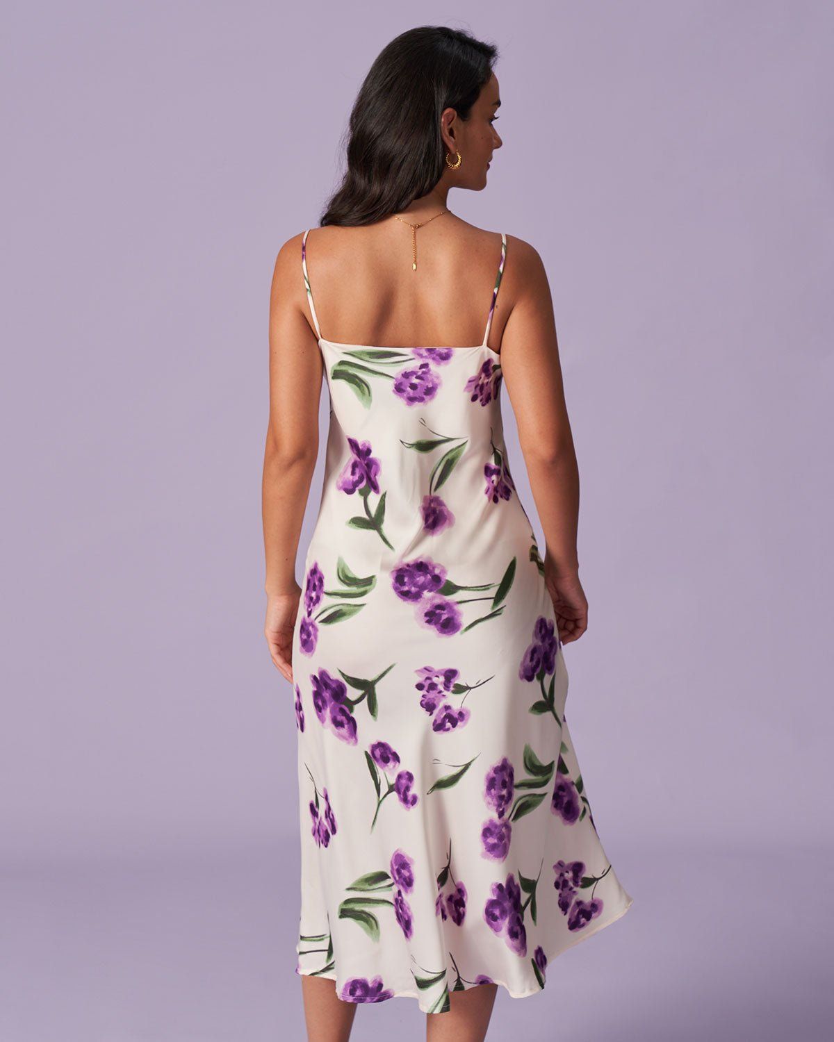 The Purple Cowl Neck Floral Satin Midi Dress sold by rihoas product image thumbnail 5