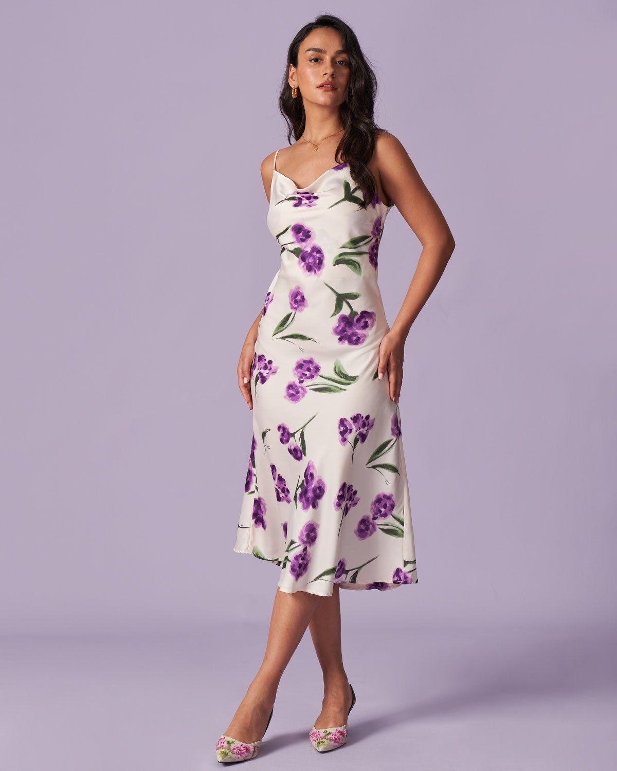 The Purple Cowl Neck Floral Satin Midi Dress sold by rihoas product image thumbnail 2