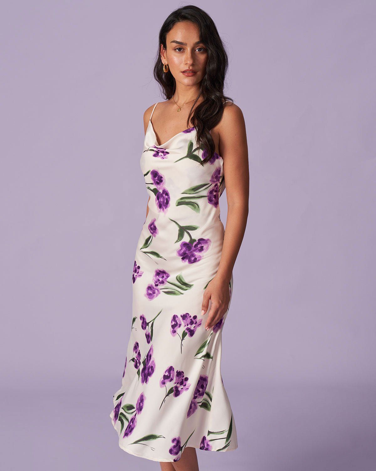 The Purple Cowl Neck Floral Satin Midi Dress sold by rihoas product image thumbnail 4