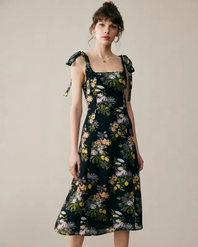 The Black Tie Strap Floral Midi Dress sold by rihoas