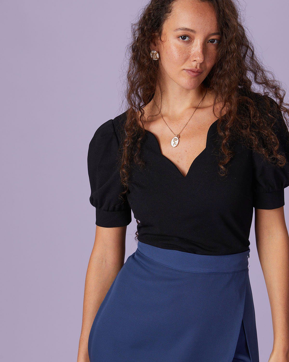 The Black V Neck Scalloped Puff Sleeve Blouse sold by rihoas product image thumbnail 3