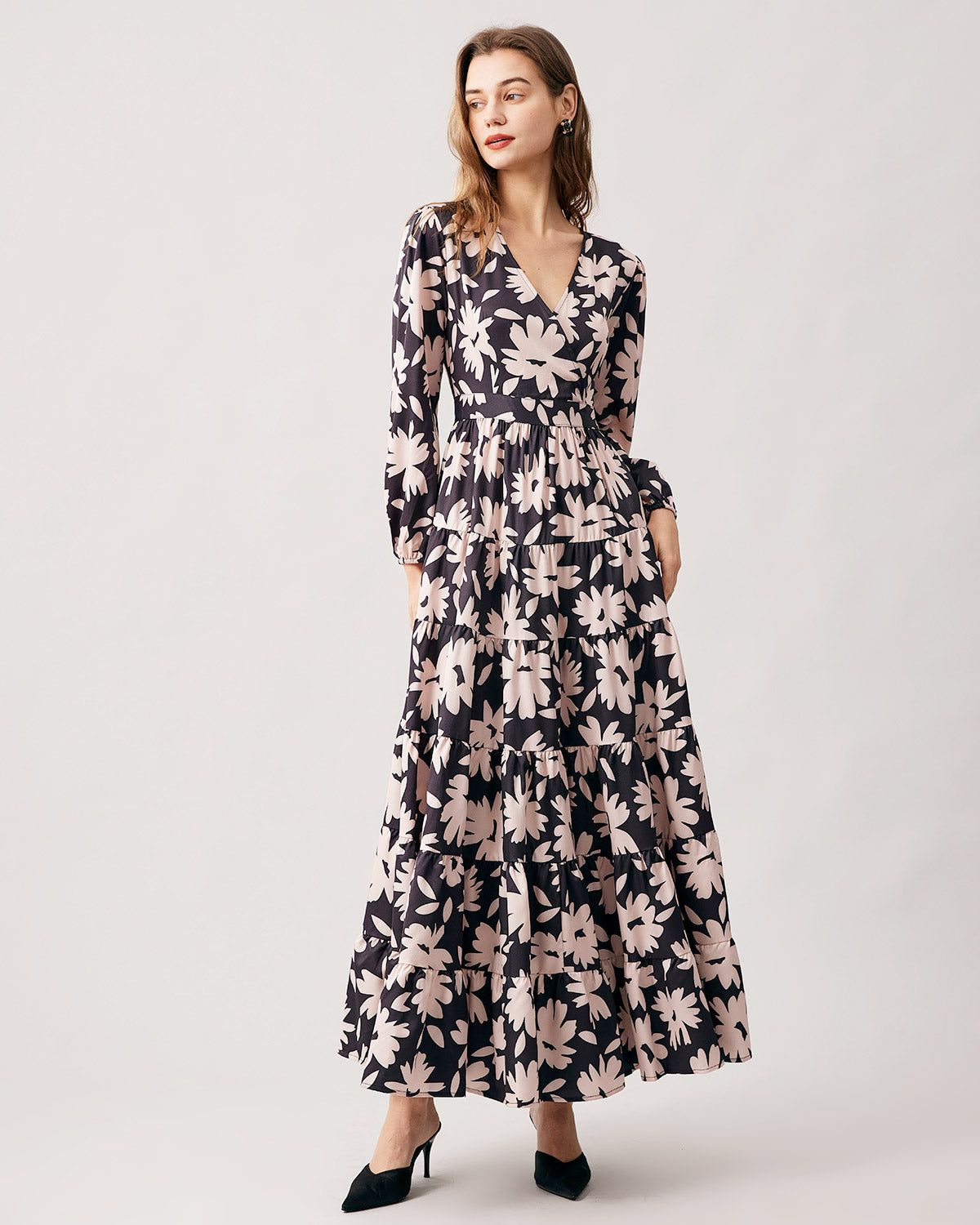 The V Neck Floral Tiered Long Sleeve Maxi Dress sold by rihoas
