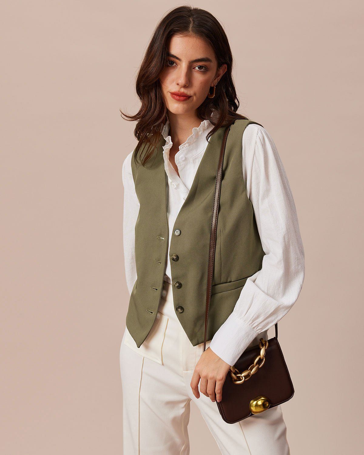 The Khaki V Neck Button Sleeveless Vest sold by rihoas product image thumbnail 3