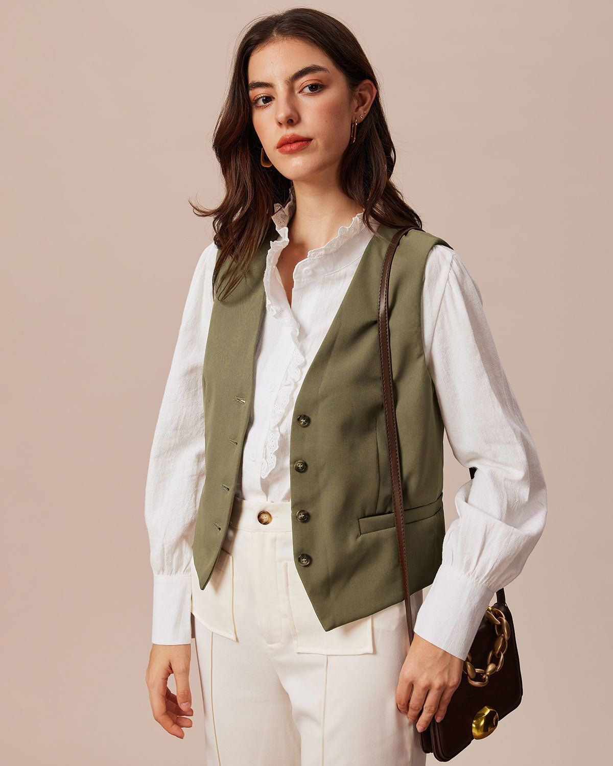 The Khaki V Neck Button Sleeveless Vest sold by rihoas product image thumbnail 4
