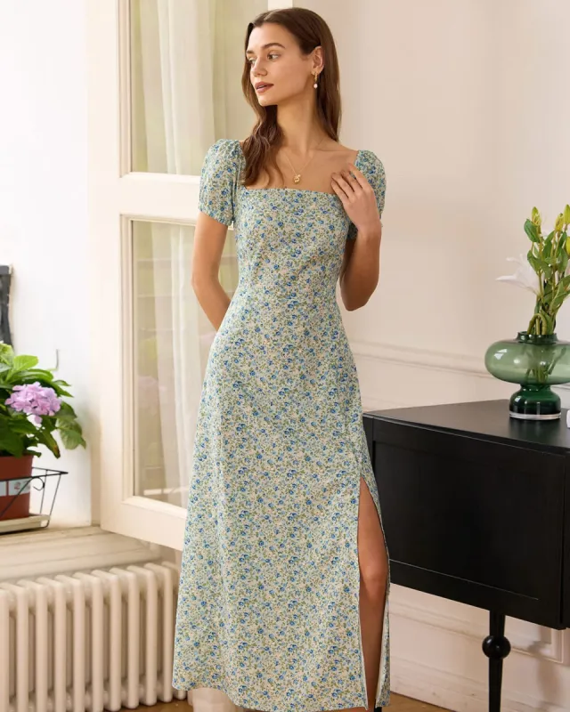 The Square Neck Floral Slit Maxi Dress sold by rihoas