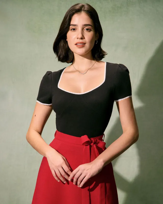 The Black Square Neck Lace Trim Tee sold by rihoas