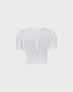 The White Puff Sleeve V Neck Ruched Blouse sold by rihoas