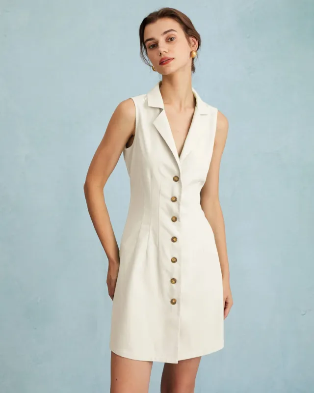 The Beige Lapel Button-up Sleeveless Mini Dress sold by rihoas