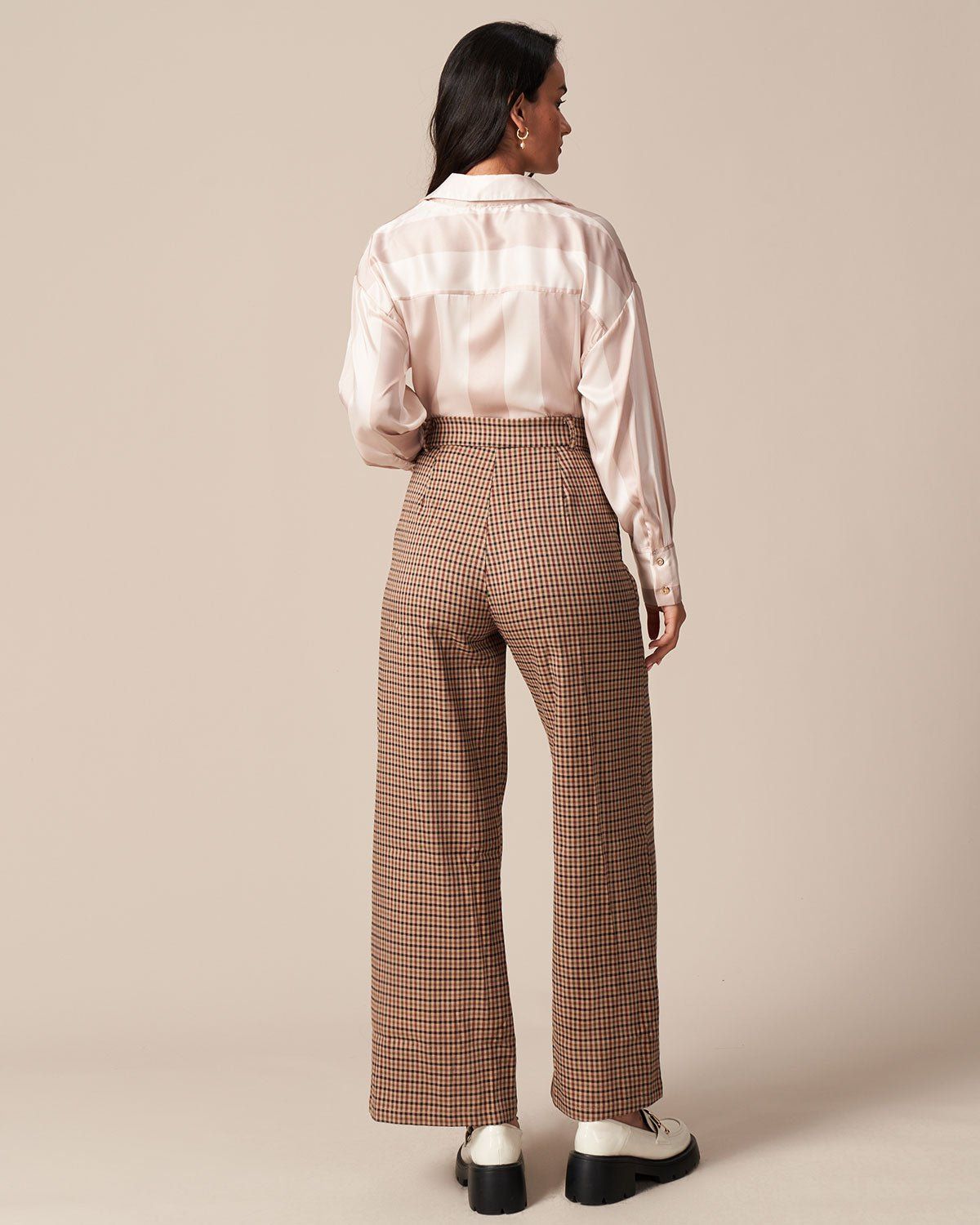 The Brown High Waisted Plaid Straight Pants sold by rihoas product image thumbnail 5