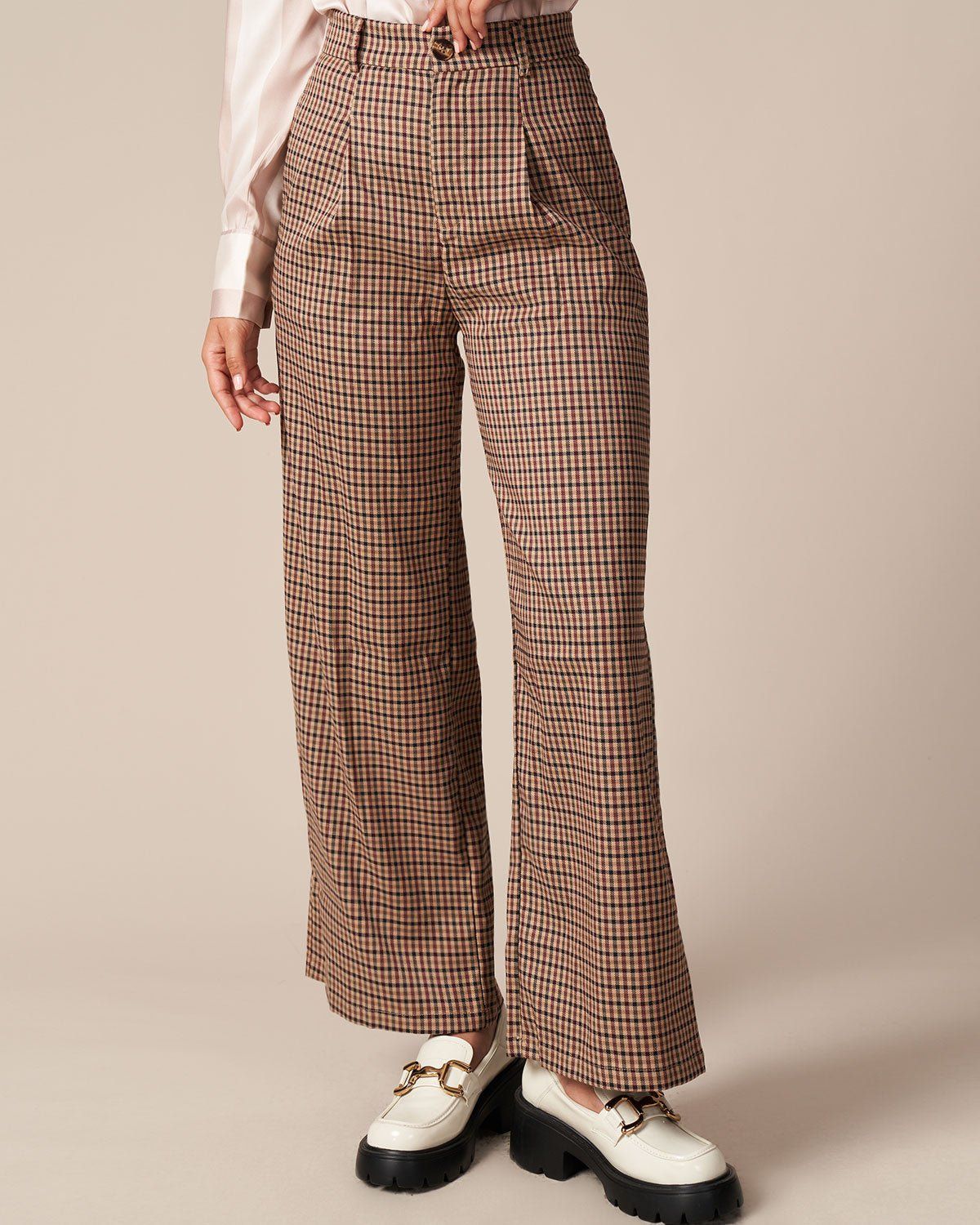 The Brown High Waisted Plaid Straight Pants sold by rihoas