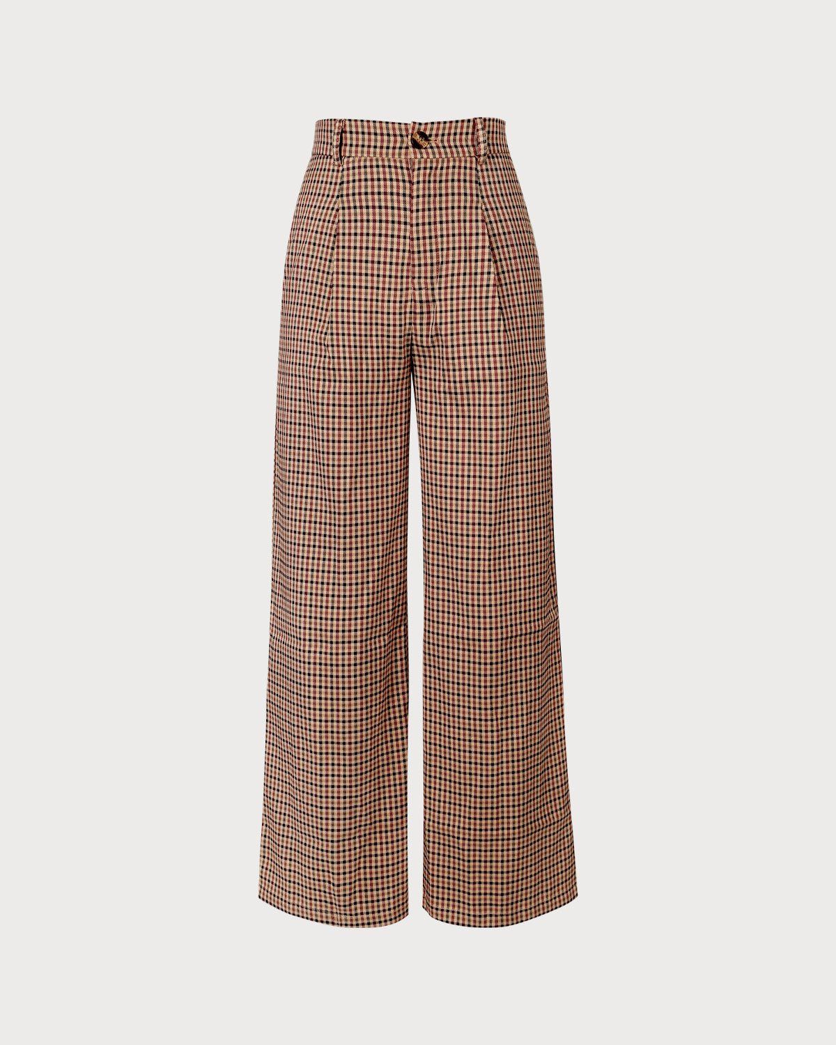 The Brown High Waisted Plaid Straight Pants sold by rihoas product image thumbnail 6