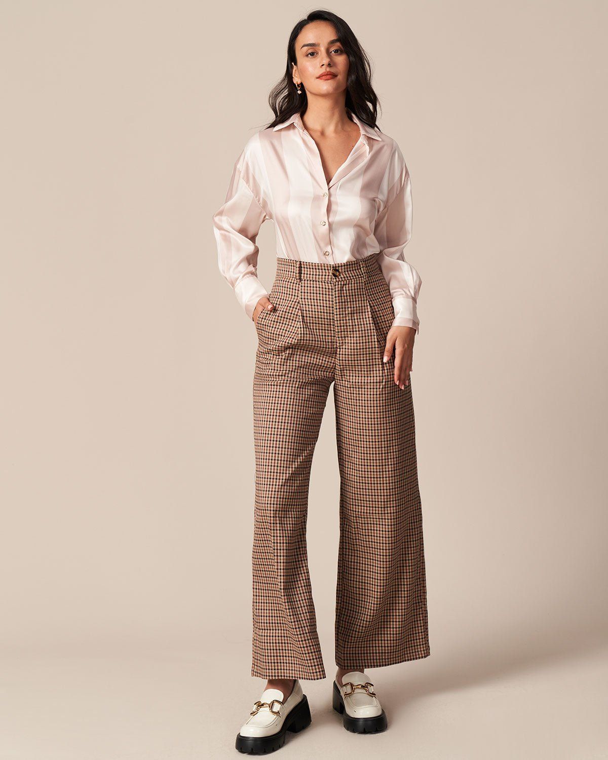 The Brown High Waisted Plaid Straight Pants sold by rihoas product image thumbnail 2