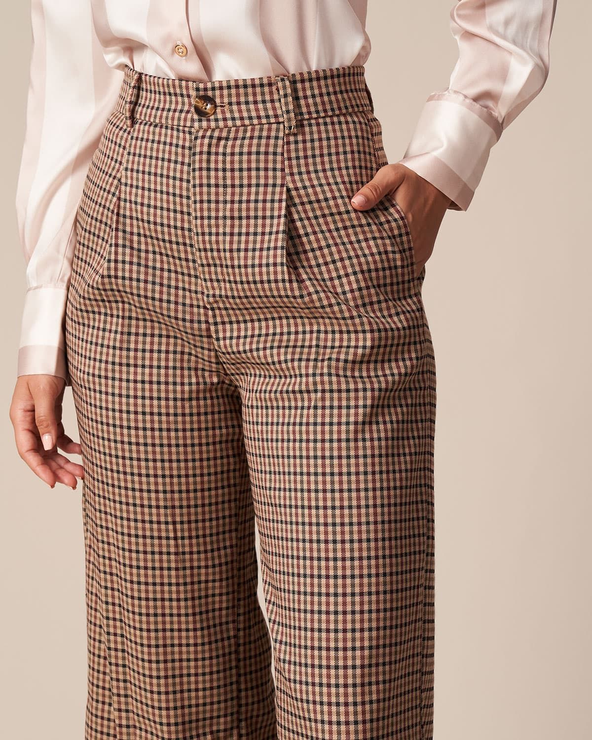 The Brown High Waisted Plaid Straight Pants sold by rihoas product image thumbnail 4