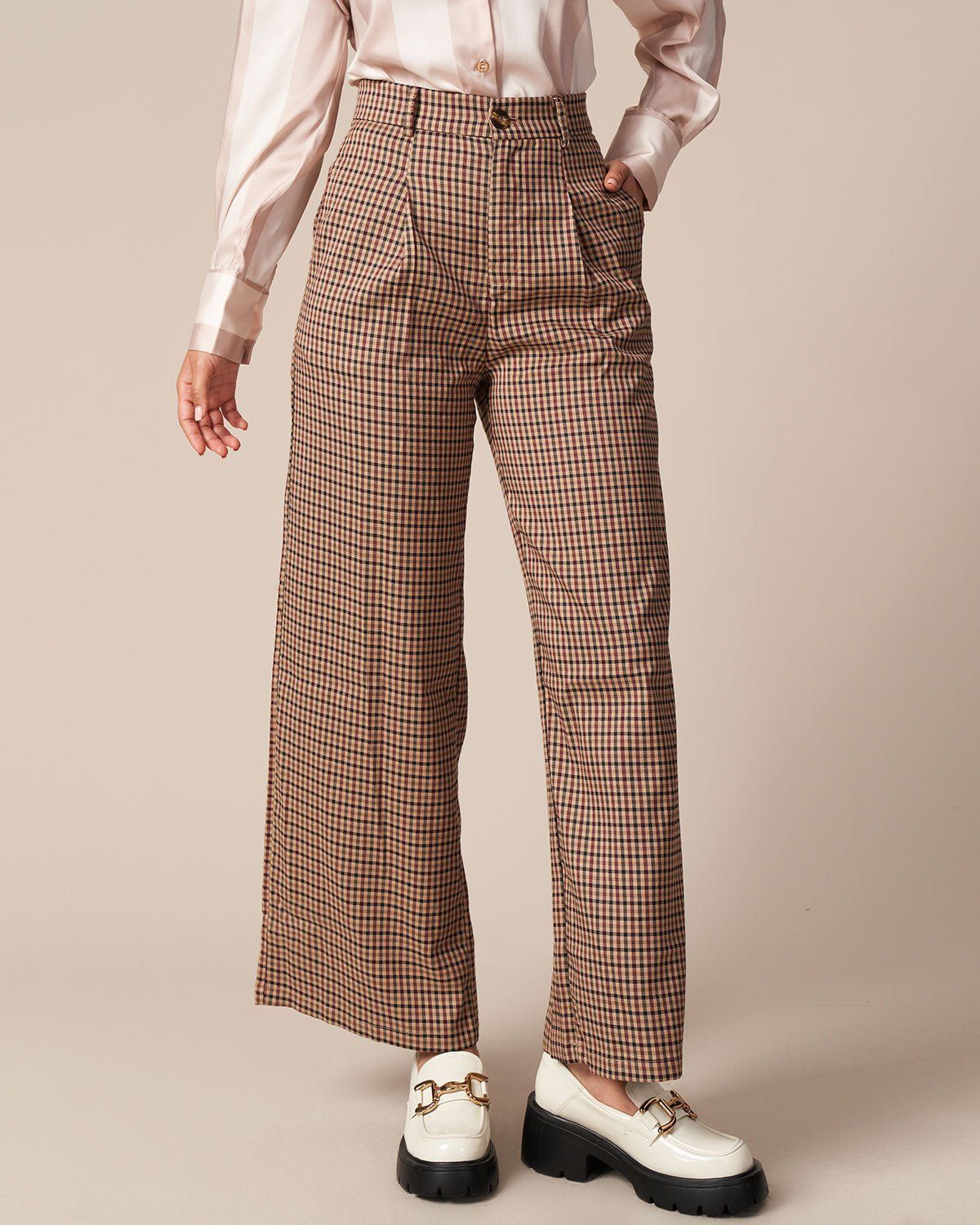 The Brown High Waisted Plaid Straight Pants sold by rihoas product image thumbnail 3