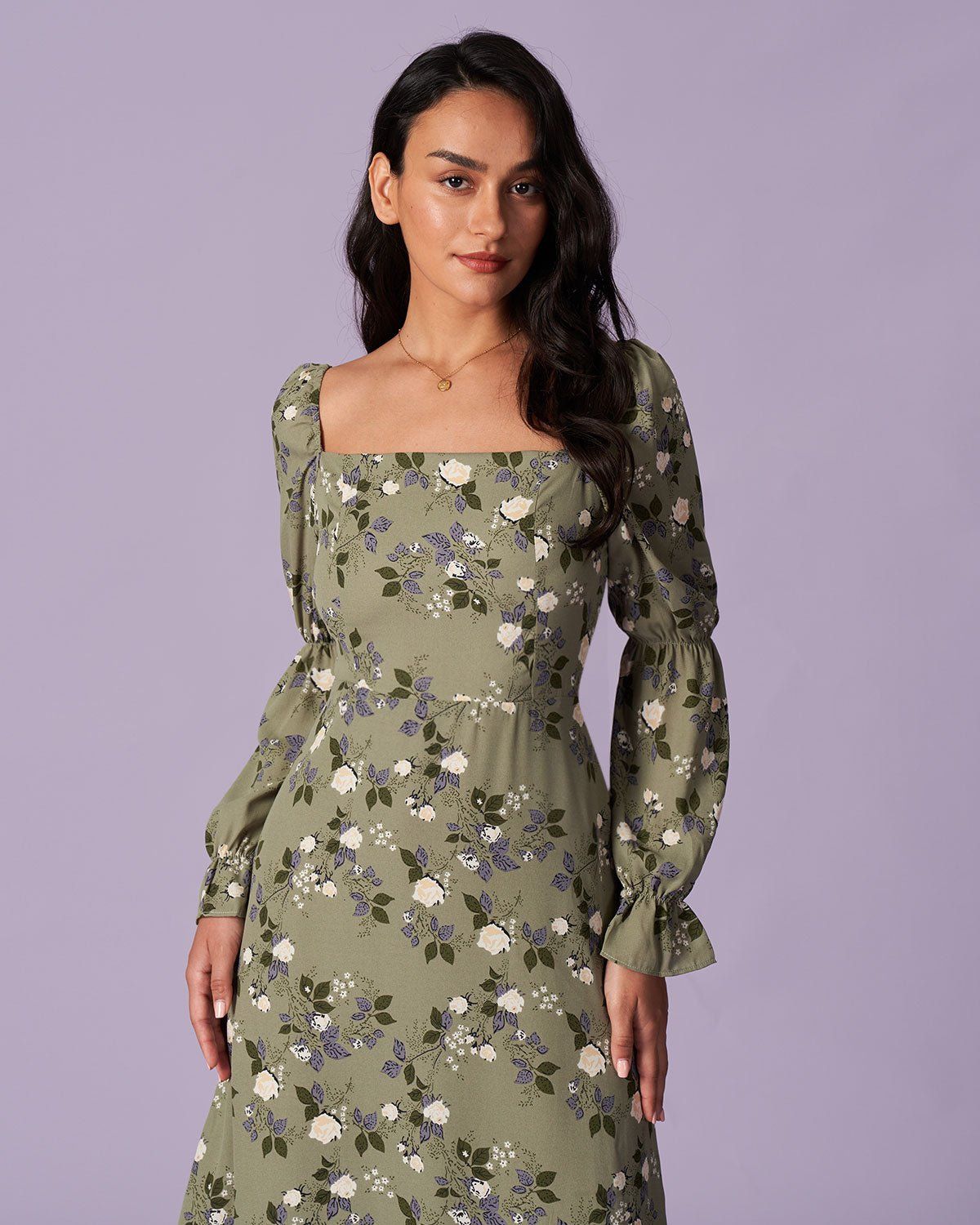 The Green Square Neck Ruffle Floral Maxi Dress sold by rihoas product image thumbnail 3