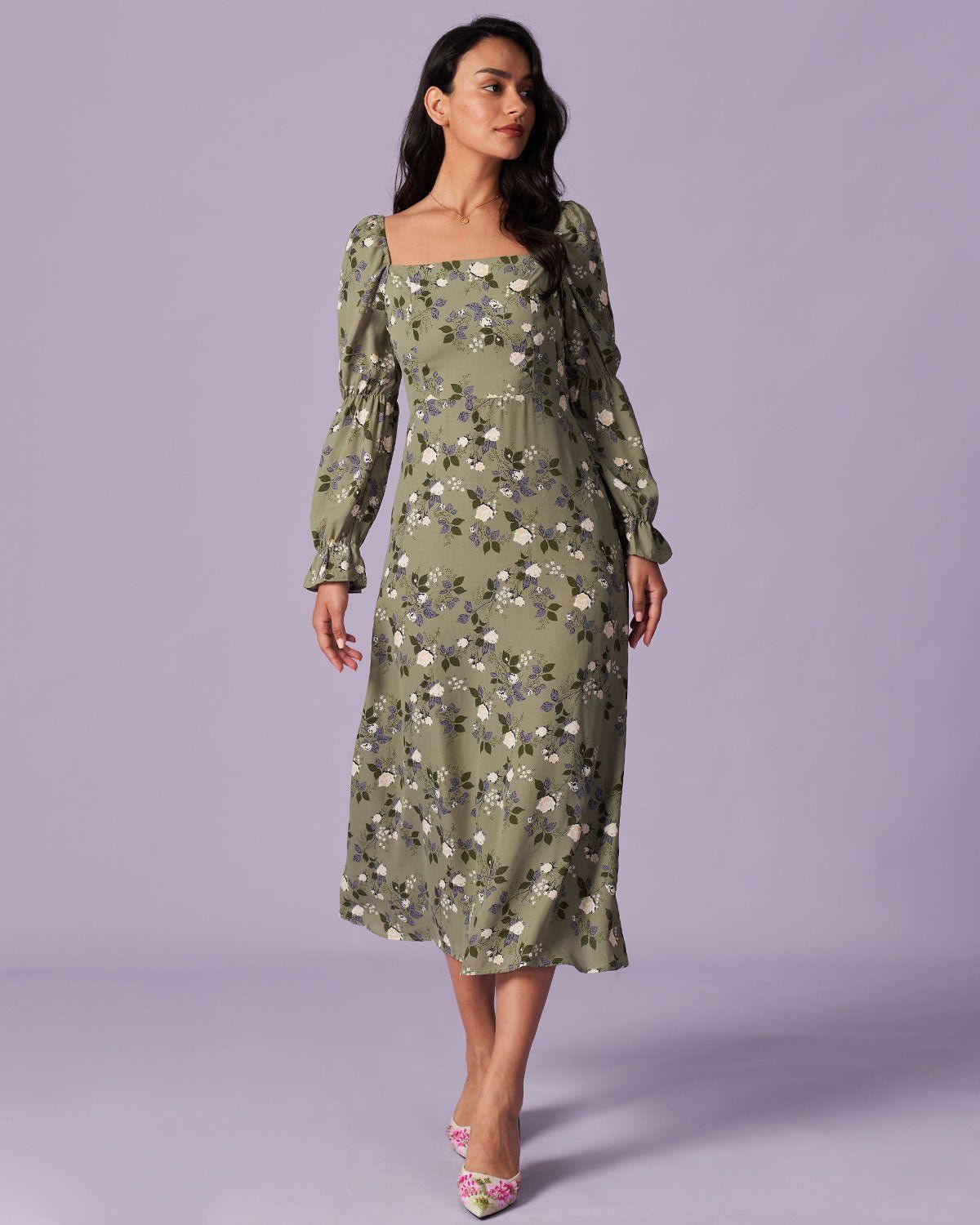 The Green Square Neck Ruffle Floral Maxi Dress sold by rihoas product image thumbnail 2