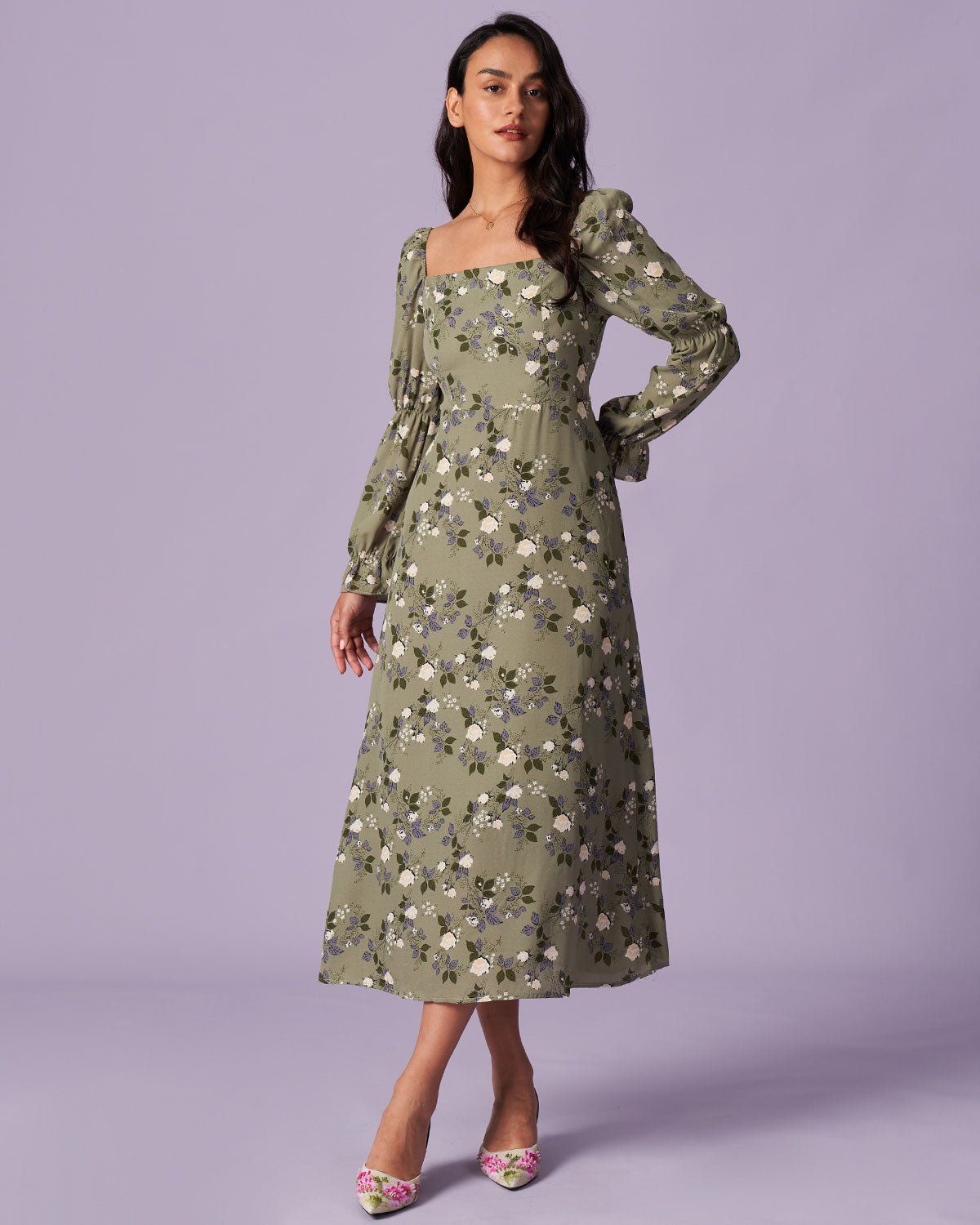 The Green Square Neck Ruffle Floral Maxi Dress sold by rihoas