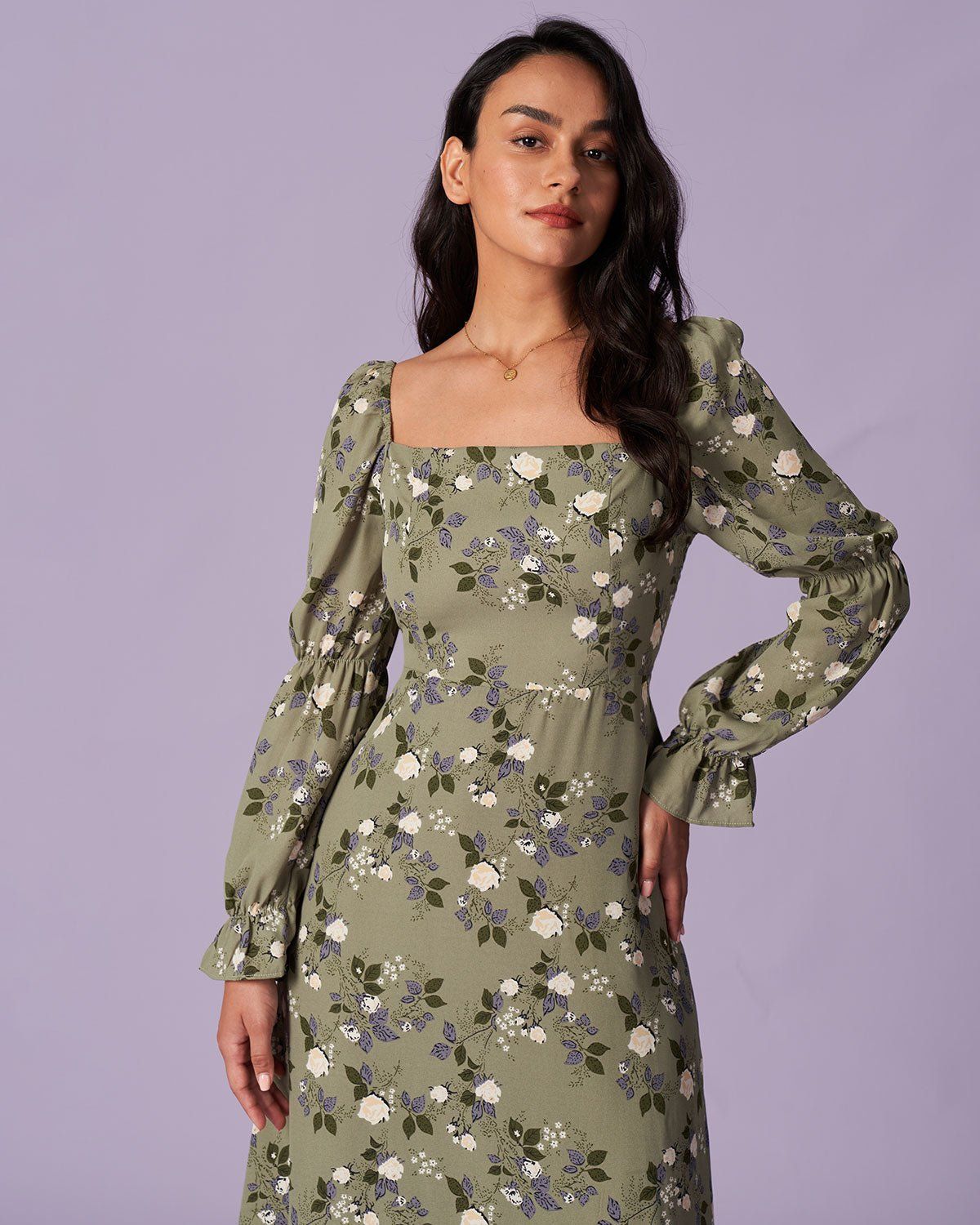 The Green Square Neck Ruffle Floral Maxi Dress sold by rihoas product image thumbnail 4