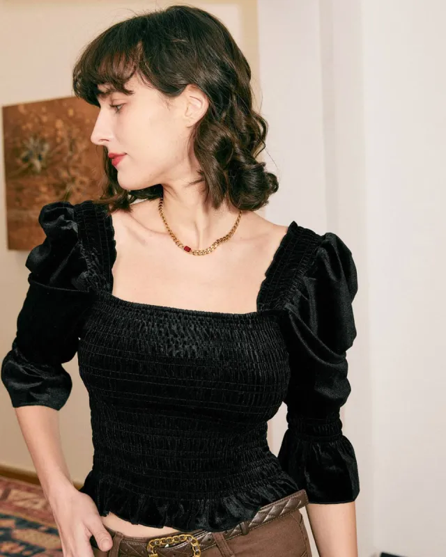 The Smocked Ruffle Velvet Blouse sold by rihoas