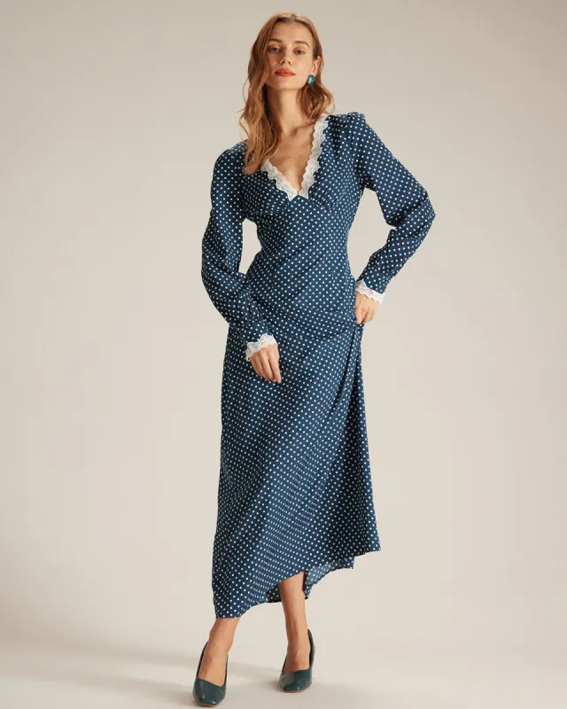 The Navy V Neck Polka Dot Lace Maxi Dress sold by rihoas