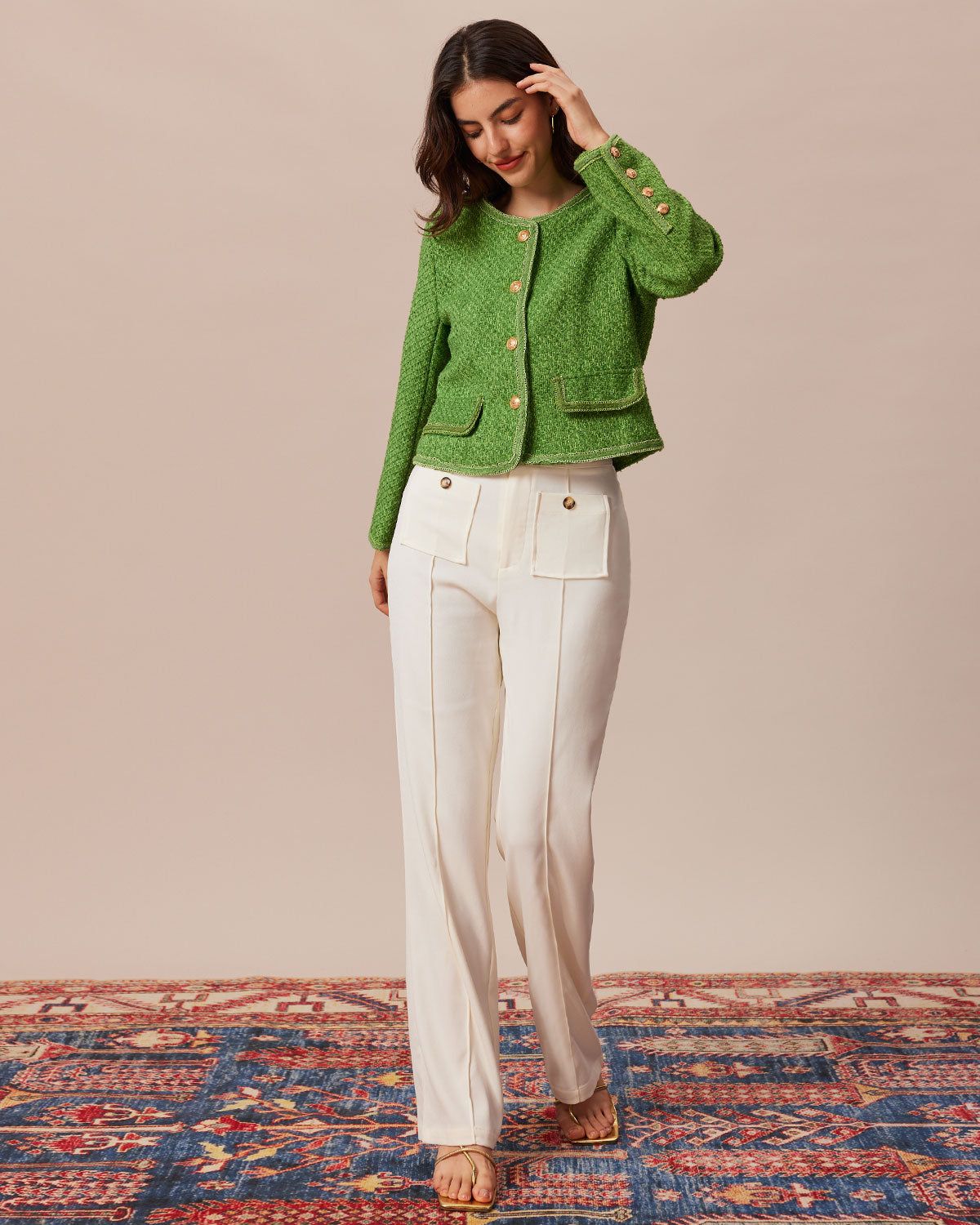 The Green Round Neck Button Tweed Jacket sold by rihoas product image thumbnail 2