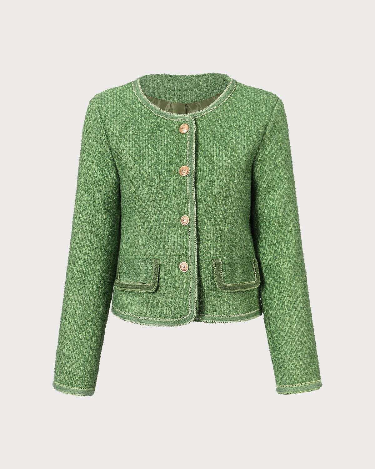 The Green Round Neck Button Tweed Jacket sold by rihoas product image thumbnail 5