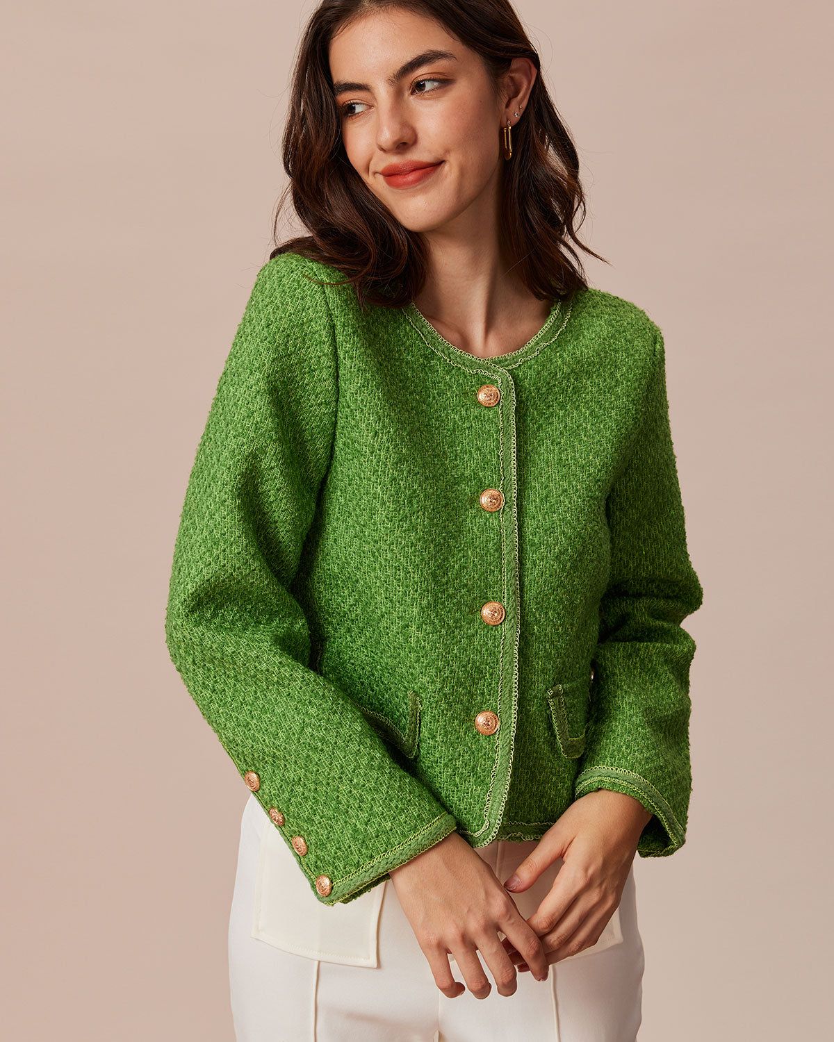 The Green Round Neck Button Tweed Jacket sold by rihoas