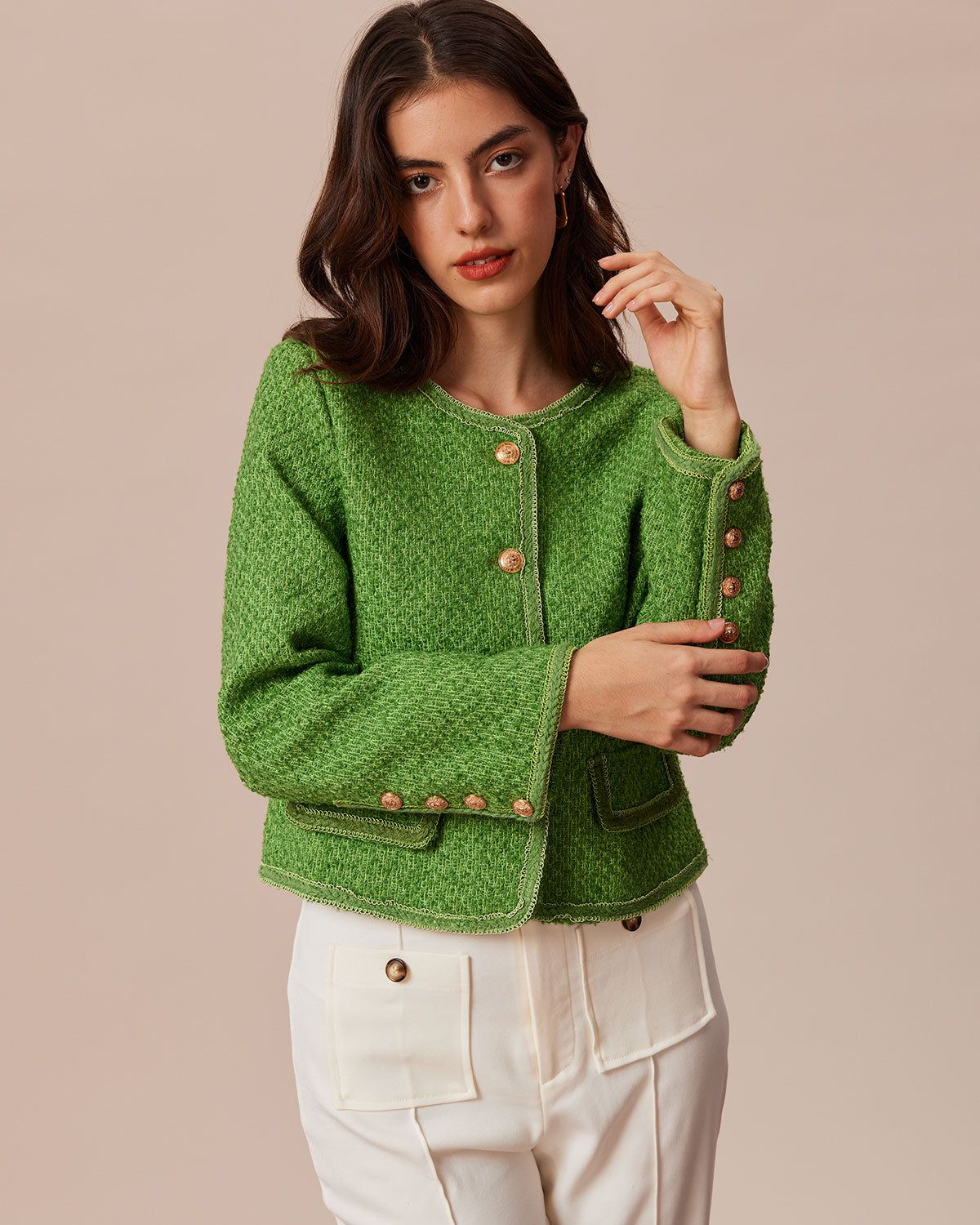 The Green Round Neck Button Tweed Jacket sold by rihoas product image thumbnail 3