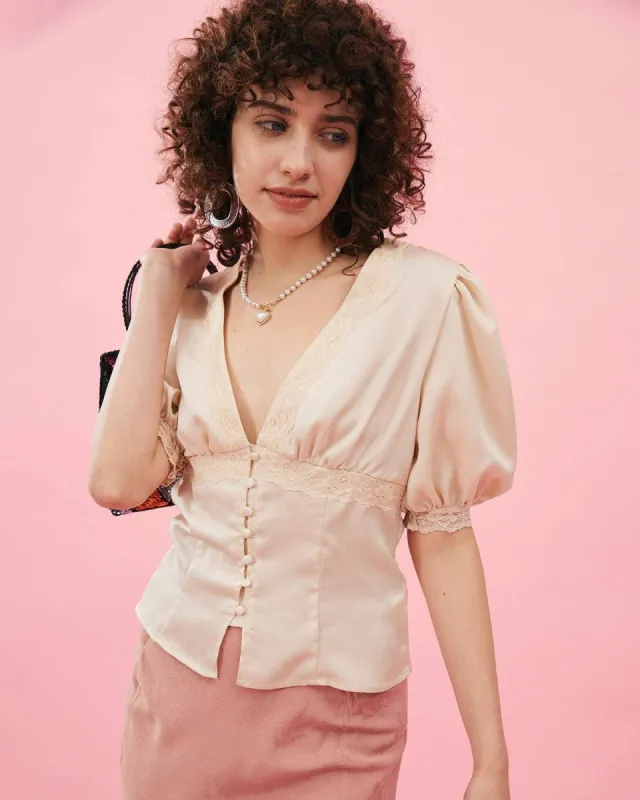 The Deep V Lace Puffy Blouse sold by rihoas
