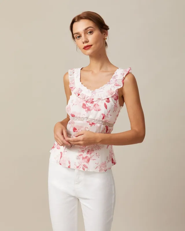 The Red V Neck Floral Flounce Tank Top sold by rihoas