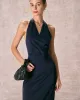 The Navy Halter Ruched Wrap Satin Midi Dress sold by rihoas