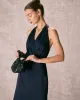 The Navy Halter Ruched Wrap Satin Midi Dress sold by rihoas