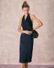 The Navy Halter Ruched Wrap Satin Midi Dress sold by rihoas